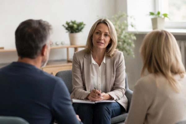 Couple discussing financial arrangement , pensions in divorce Bromley